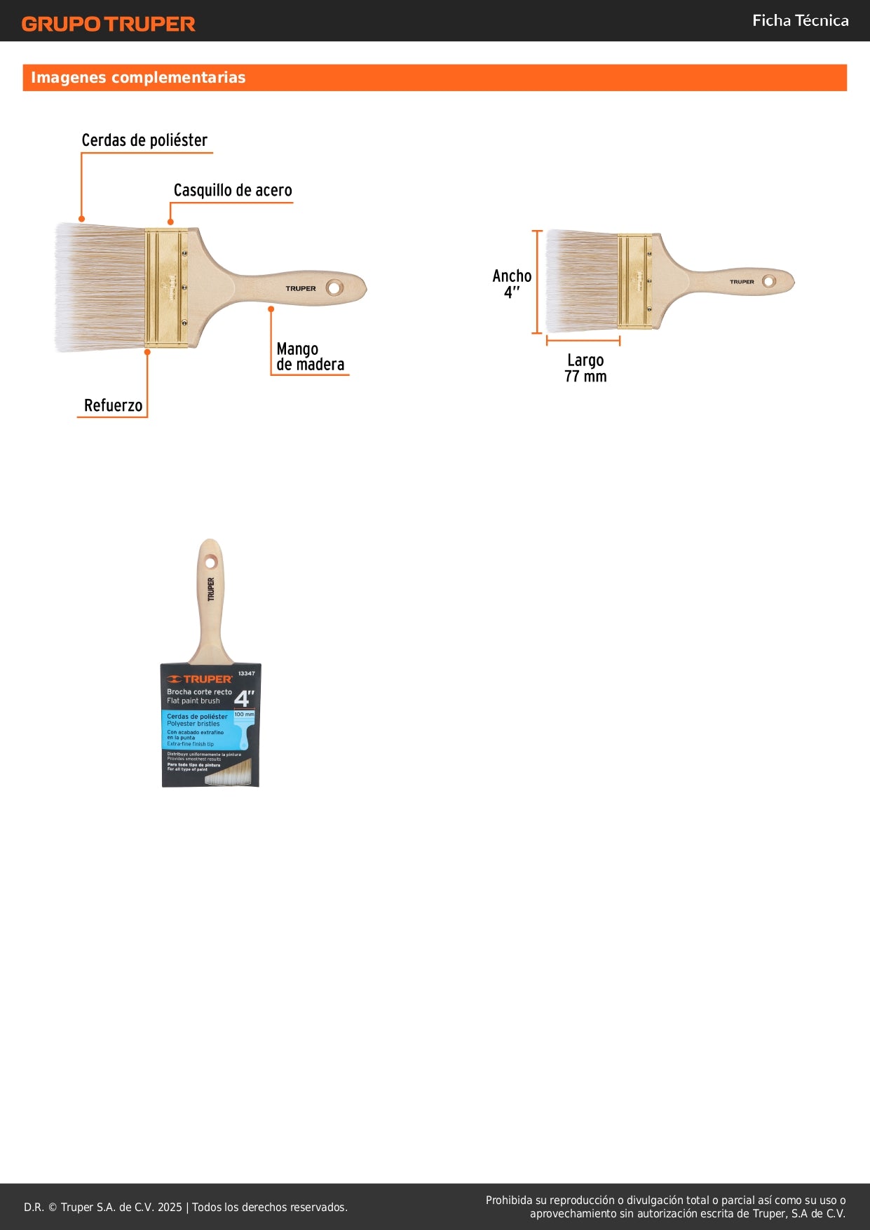 Brocha Profesional 4 Pulgadas Cerdas Sintéticas BRT-4S - Acabado Extrafino para Pintura en Madera, Concreto y Metal - Mango de Madera con Corte Recto - Solución Perfecta para Aplicación Uniforme de Pintura