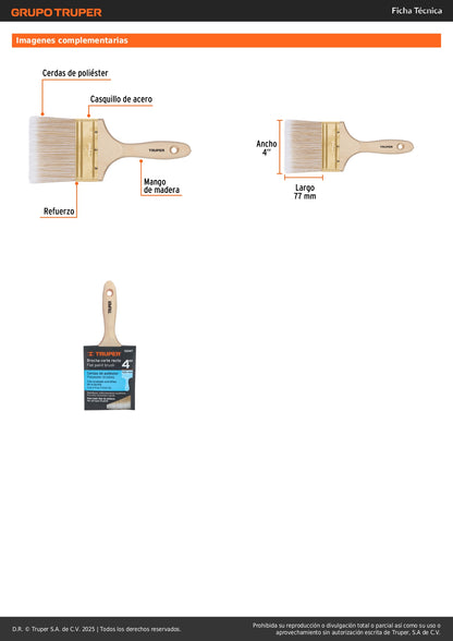 Brocha Profesional 4 Pulgadas Cerdas Sintéticas BRT-4S - Acabado Extrafino para Pintura en Madera, Concreto y Metal - Mango de Madera con Corte Recto - Solución Perfecta para Aplicación Uniforme de Pintura