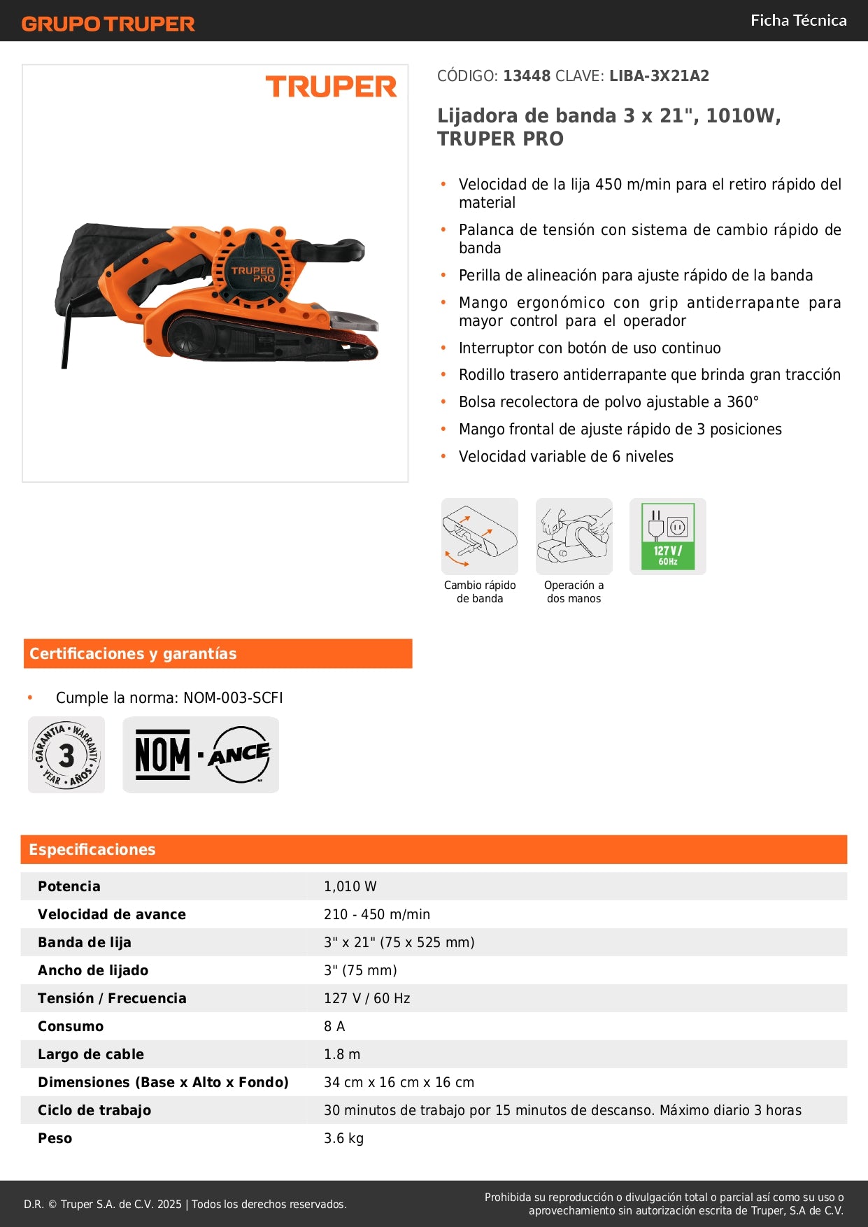 : Lijadora de Banda 3x21 Pulgadas 1010W TRUPER PRO LIBA-3X21A2 - Velocidad Variable 6 Niveles para Lijado Profesional Rápido y Preciso de Madera Metal