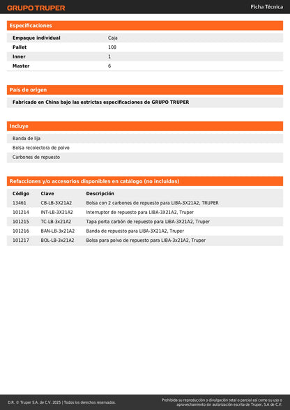 : Lijadora de Banda 3x21 Pulgadas 1010W TRUPER PRO LIBA-3X21A2 - Velocidad Variable 6 Niveles para Lijado Profesional Rápido y Preciso de Madera Metal