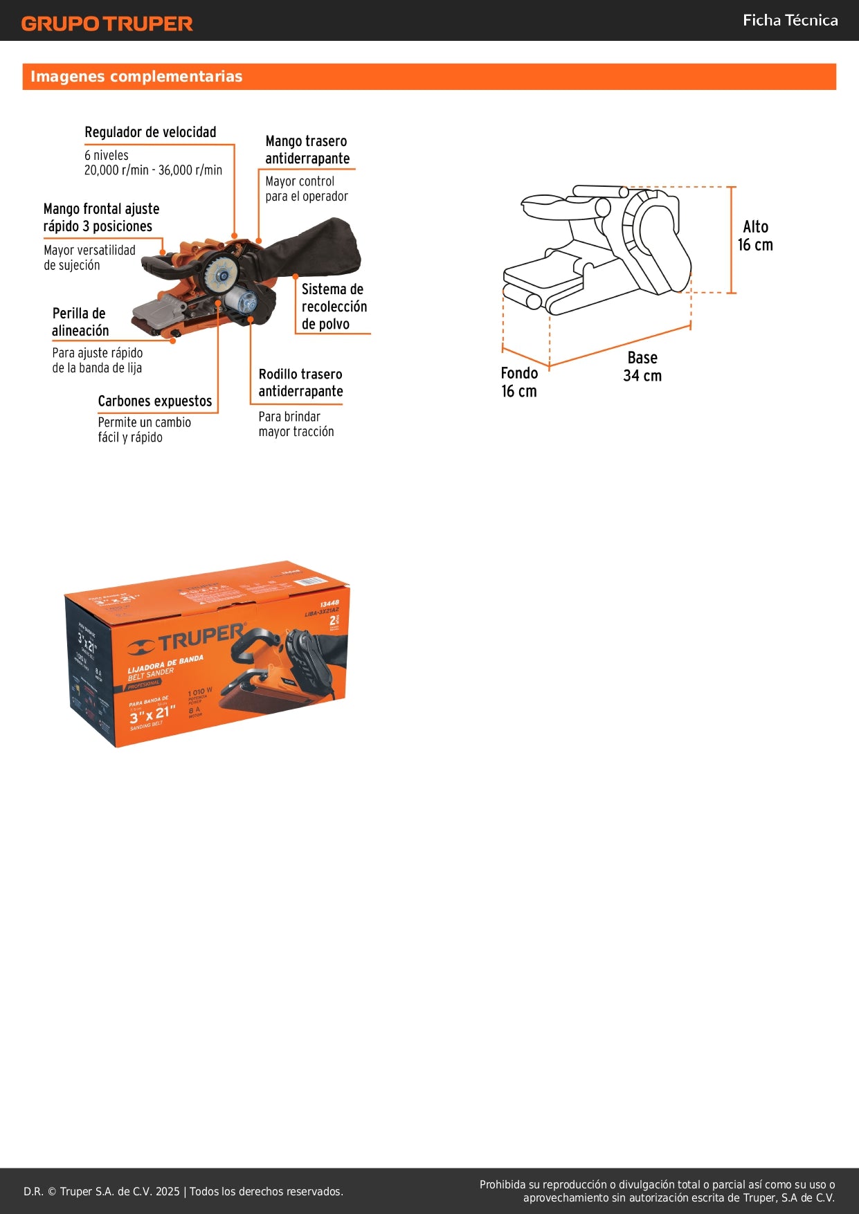: Lijadora de Banda 3x21 Pulgadas 1010W TRUPER PRO LIBA-3X21A2 - Velocidad Variable 6 Niveles para Lijado Profesional Rápido y Preciso de Madera Metal