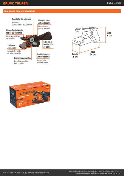 : Lijadora de Banda 3x21 Pulgadas 1010W TRUPER PRO LIBA-3X21A2 - Velocidad Variable 6 Niveles para Lijado Profesional Rápido y Preciso de Madera Metal