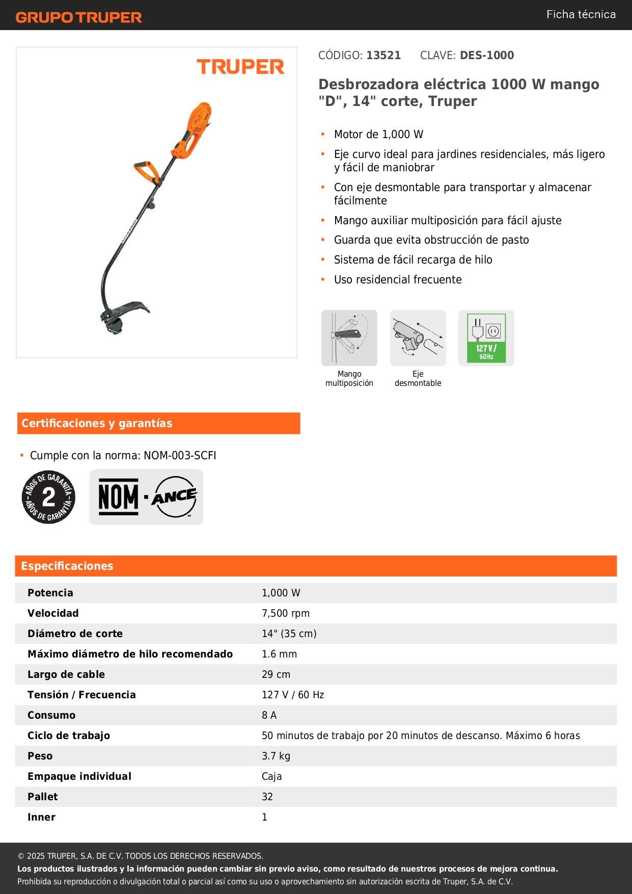 Desbrozadora eléctrica 1000 W mango "D", 14" corte, Truper