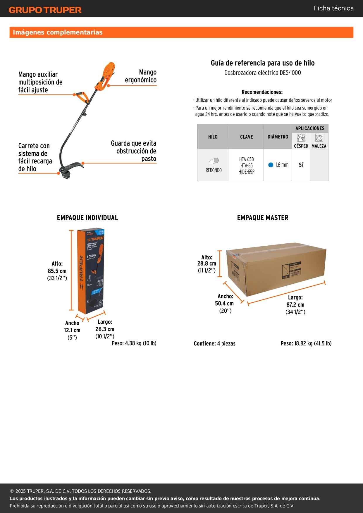 Desbrozadora eléctrica 1000 W mango "D", 14" corte, Truper