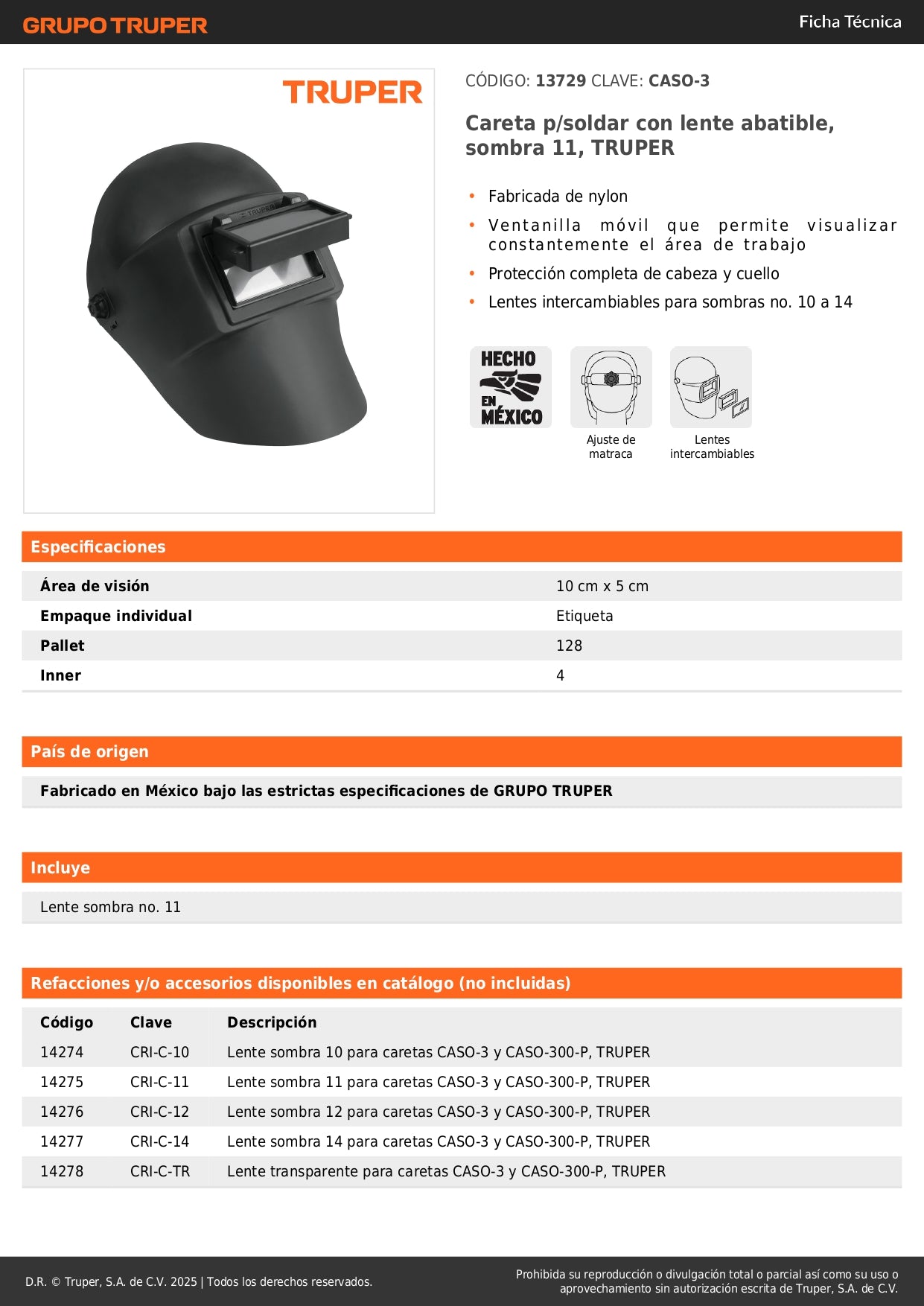 Careta Soldadura Profesional TRUPER Lente Abatible Sombra 11 - Protección Completa Cabeza Cuello - Ventanilla Móvil Nylon Resistente - CASO-3