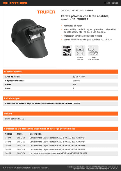 Careta Soldadura Profesional TRUPER Lente Abatible Sombra 11 - Protección Completa Cabeza Cuello - Ventanilla Móvil Nylon Resistente - CASO-3