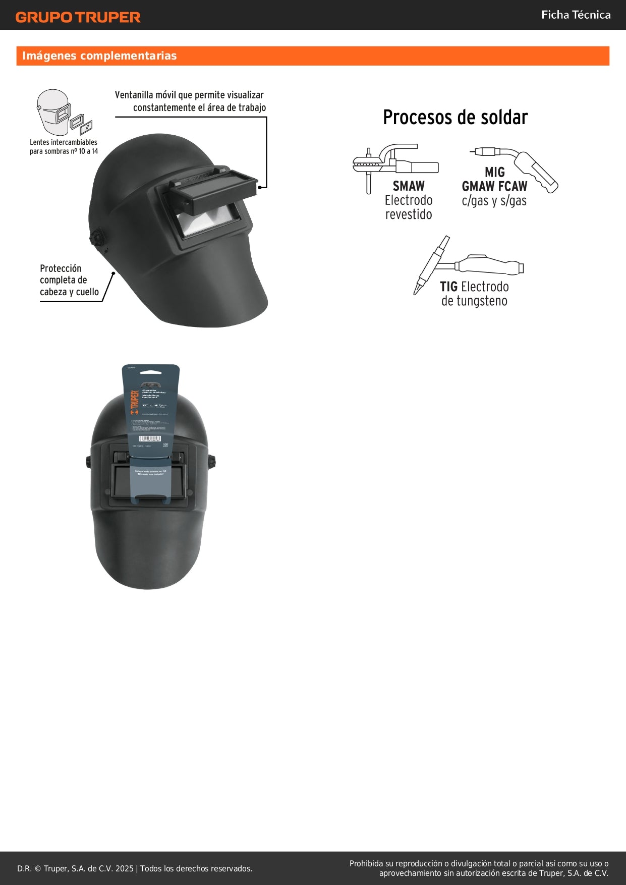 Careta Soldadura Profesional TRUPER Lente Abatible Sombra 11 - Protección Completa Cabeza Cuello - Ventanilla Móvil Nylon Resistente - CASO-3