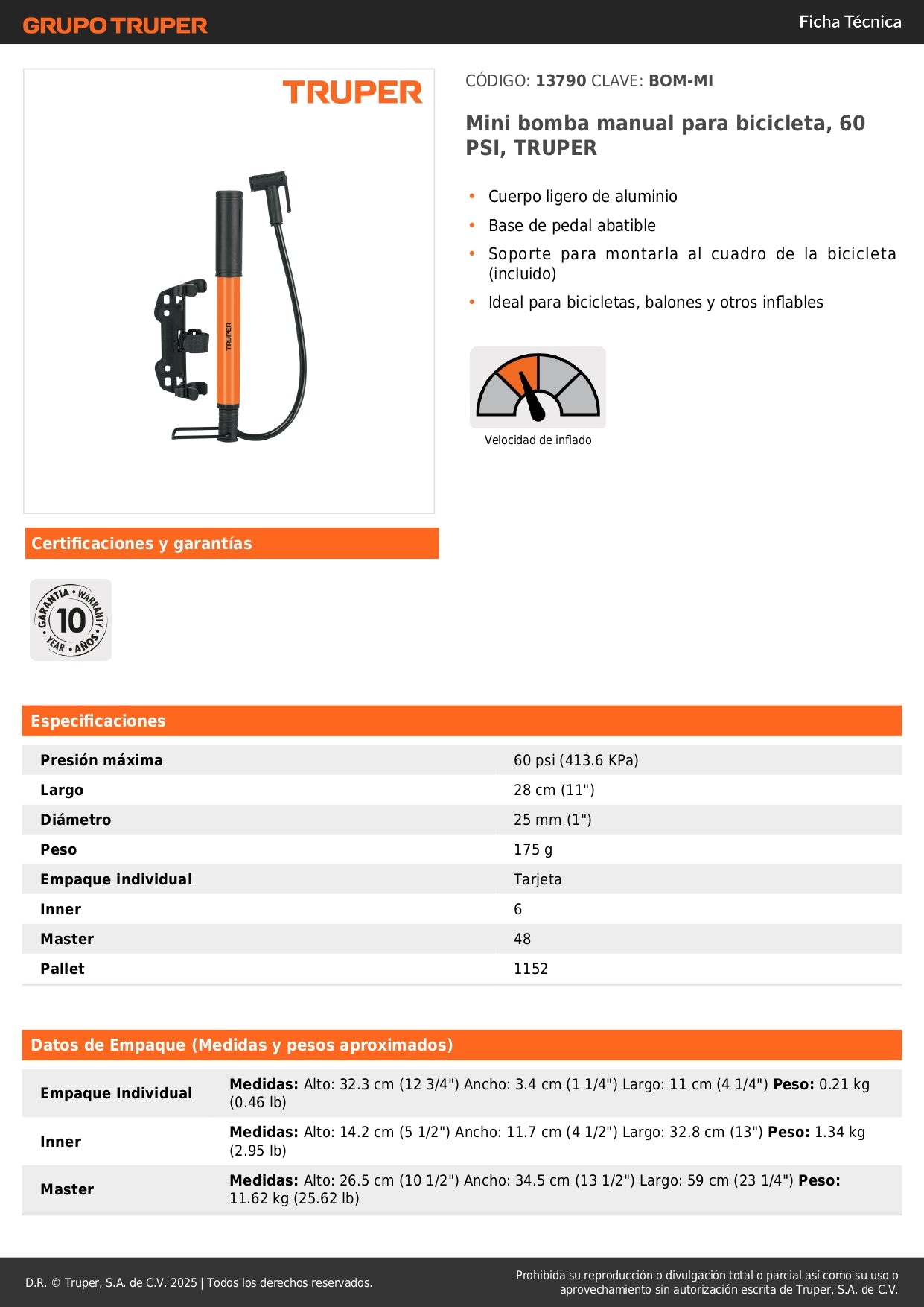 Mini Bomba Manual Bicicleta TRUPER 60 PSI - Aluminio Ligero con Base Pedal - Solución Portátil Inflado Rápido