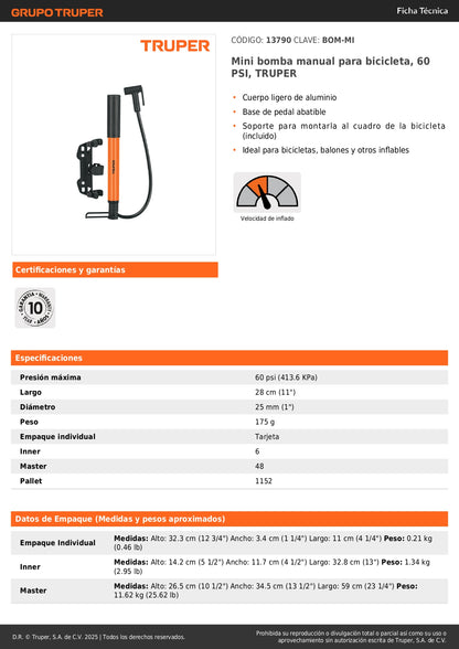 Mini Bomba Manual Bicicleta TRUPER 60 PSI - Aluminio Ligero con Base Pedal - Solución Portátil Inflado Rápido