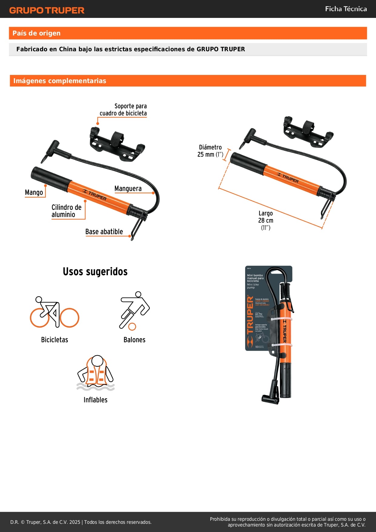 Mini Bomba Manual Bicicleta TRUPER 60 PSI - Aluminio Ligero con Base Pedal - Solución Portátil Inflado Rápido