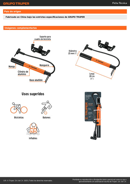 Mini Bomba Manual Bicicleta TRUPER 60 PSI - Aluminio Ligero con Base Pedal - Solución Portátil Inflado Rápido