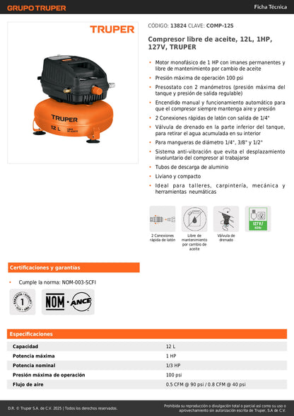 Compresor de Aire Libre de Aceite TRUPER 12L 1HP 127V - Solución Profesional para Talleres Sin Mantenimiento