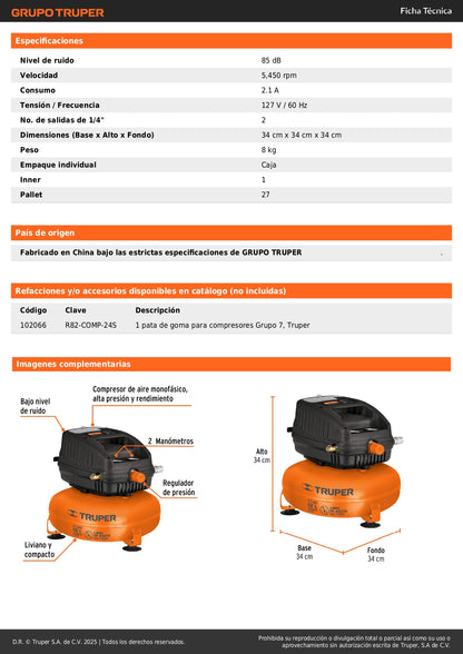Compresor de Aire Libre de Aceite TRUPER 12L 1HP 127V - Solución Profesional para Talleres Sin Mantenimiento