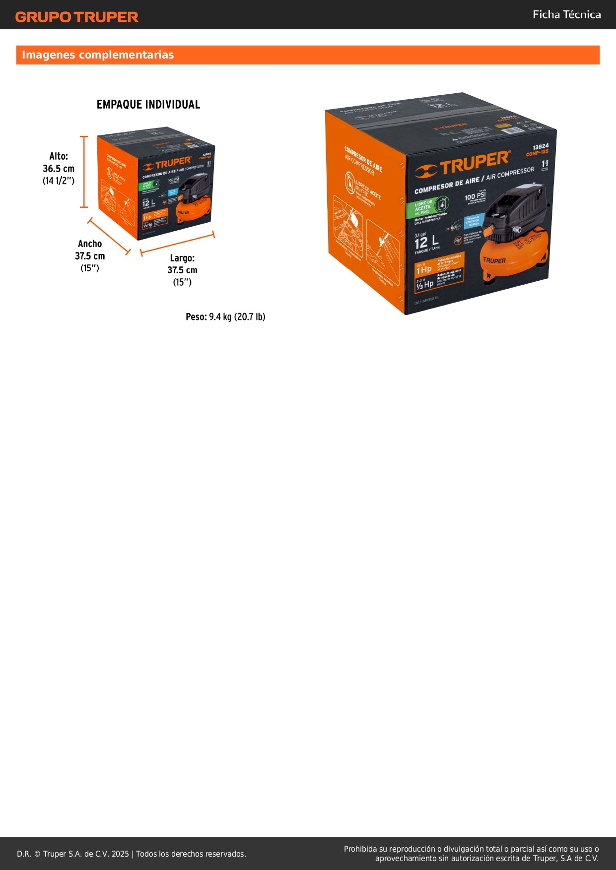 Compresor de Aire Libre de Aceite TRUPER 12L 1HP 127V - Solución Profesional para Talleres Sin Mantenimiento