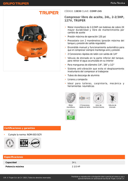 Compresor de Aire Libre de Aceite TRUPER 24L 2-2/3HP 135PSI - Sin Mantenimiento para Talleres y Herramientas Neumáticas