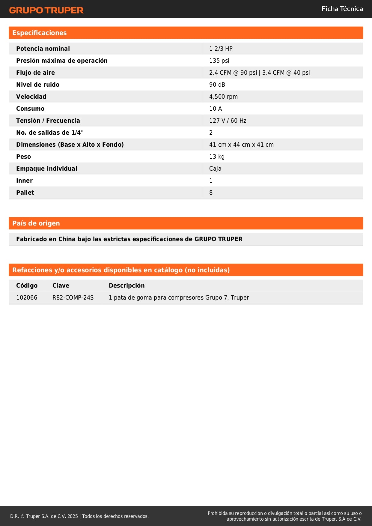 Compresor de Aire Libre de Aceite TRUPER 24L 2-2/3HP 135PSI - Sin Mantenimiento para Talleres y Herramientas Neumáticas