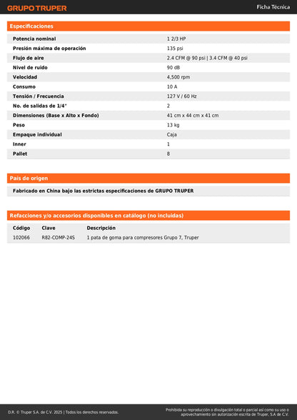 Compresor de Aire Libre de Aceite TRUPER 24L 2-2/3HP 135PSI - Sin Mantenimiento para Talleres y Herramientas Neumáticas
