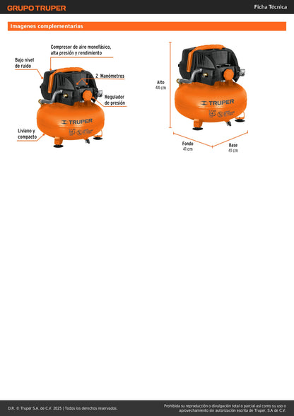 Compresor de Aire Libre de Aceite TRUPER 24L 2-2/3HP 135PSI - Sin Mantenimiento para Talleres y Herramientas Neumáticas