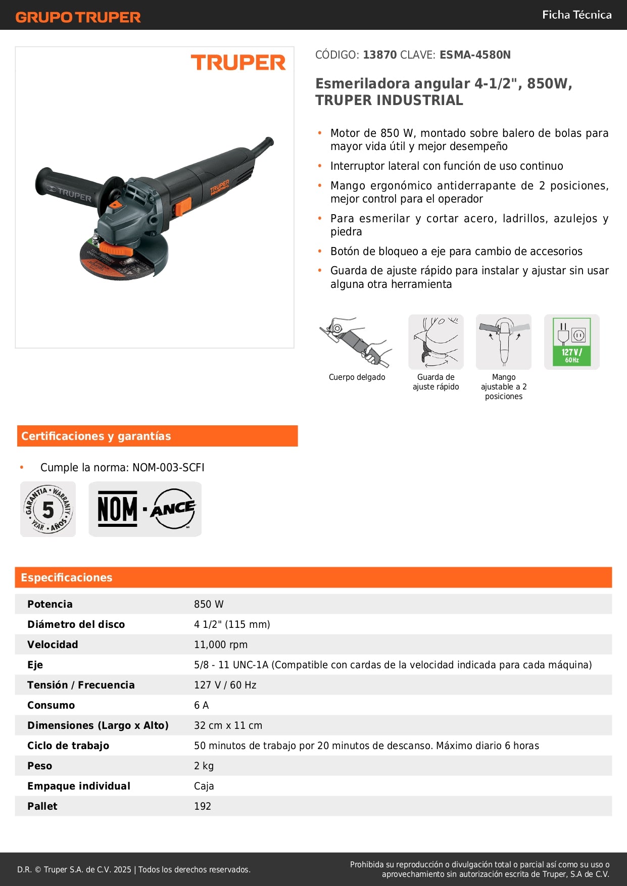 Esmeriladora Angular 4-1/2" 850W TRUPER INDUSTRIAL - Corta y Esmerila Acero, Ladrillo y Piedra con Motor de Alta Durabilidad y Mango Ergonómico Antiderrapante"