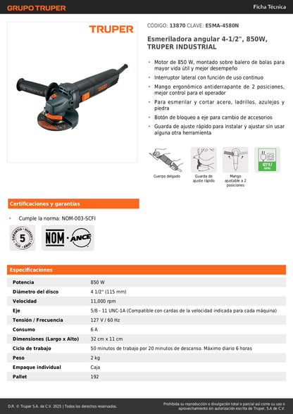 Esmeriladora Angular 4-1/2" 850W TRUPER INDUSTRIAL - Corta y Esmerila Acero, Ladrillo y Piedra con Motor de Alta Durabilidad y Mango Ergonómico Antiderrapante"