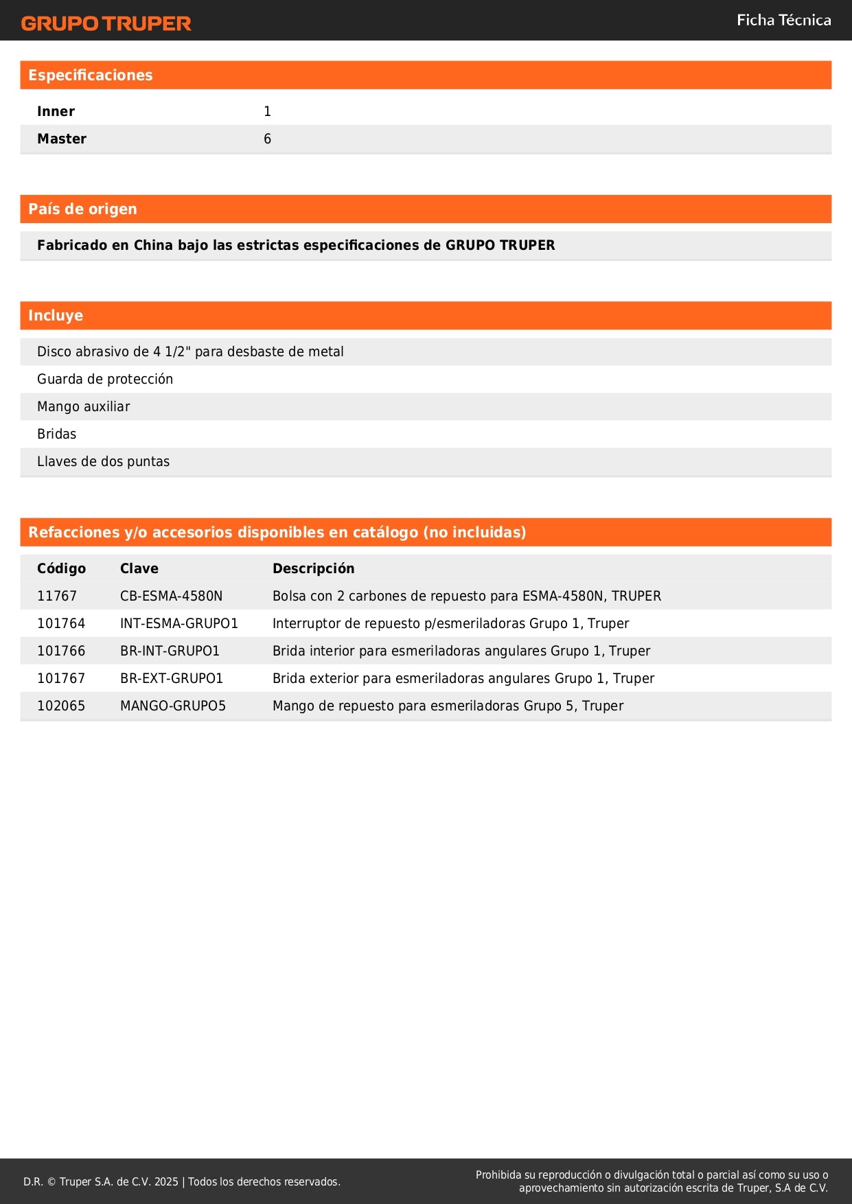 Esmeriladora Angular 4-1/2" 850W TRUPER INDUSTRIAL - Corta y Esmerila Acero, Ladrillo y Piedra con Motor de Alta Durabilidad y Mango Ergonómico Antiderrapante"