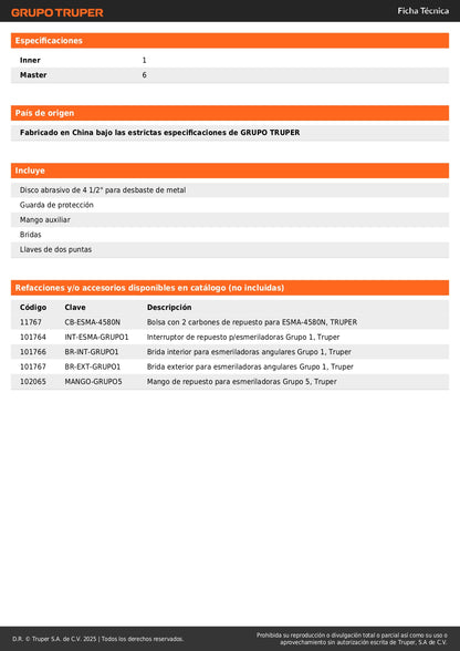 Esmeriladora Angular 4-1/2" 850W TRUPER INDUSTRIAL - Corta y Esmerila Acero, Ladrillo y Piedra con Motor de Alta Durabilidad y Mango Ergonómico Antiderrapante"