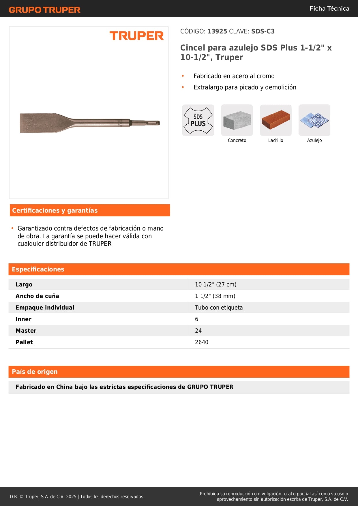 Cincel para azulejo SDS Plus 1-1/2" x 10-1/2", Truper