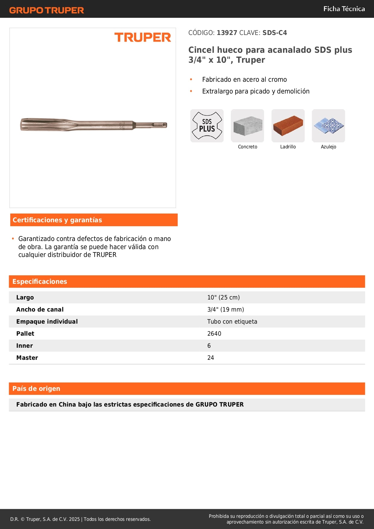 Cincel hueco para acanalado SDS plus 3/4" x 10", Truper