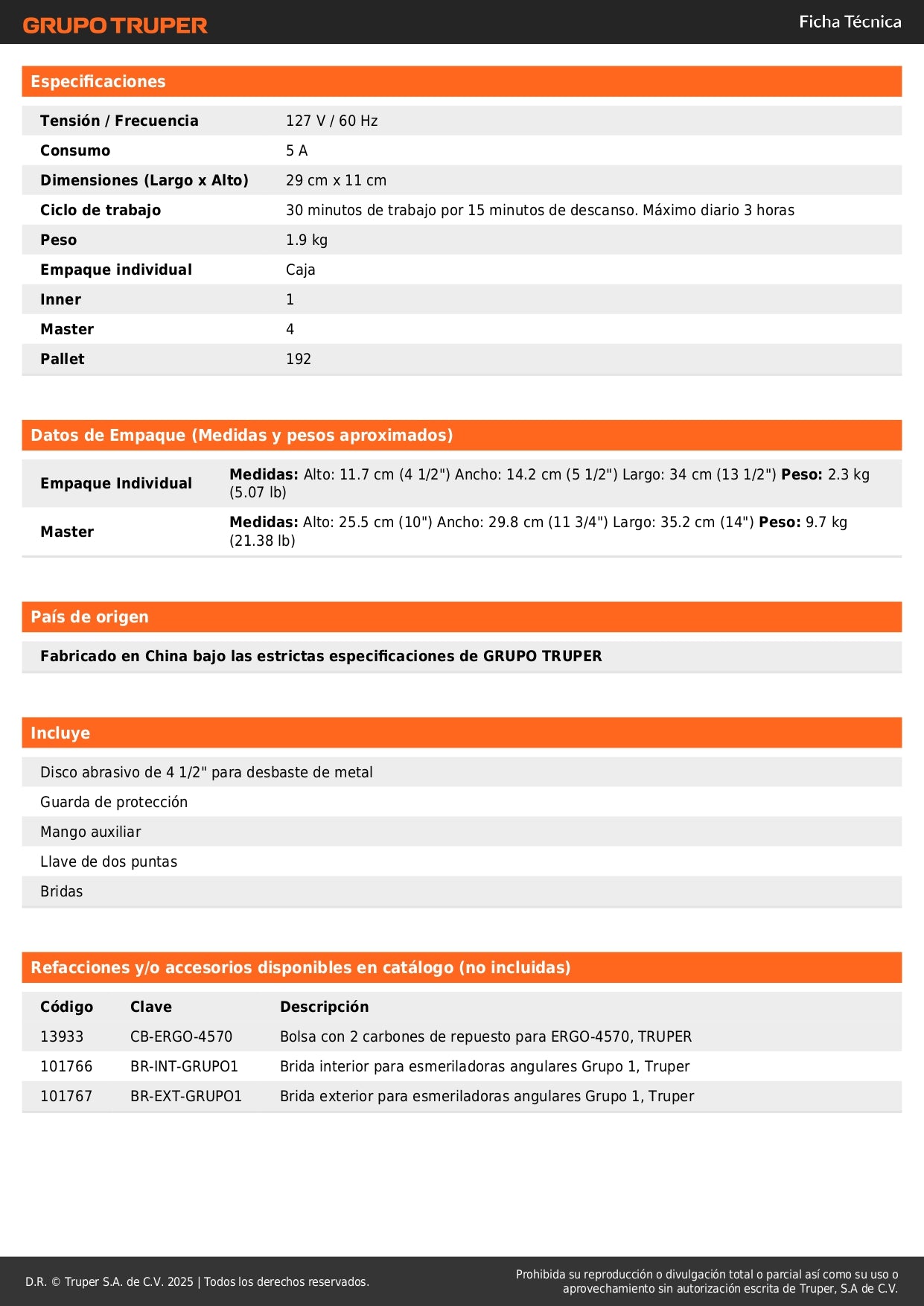 Esmeriladora Angular 4-1/2" 750W TRUPER ERGO PRO ERGO-4570 - Motor Balero Bolas Mango Ajustable