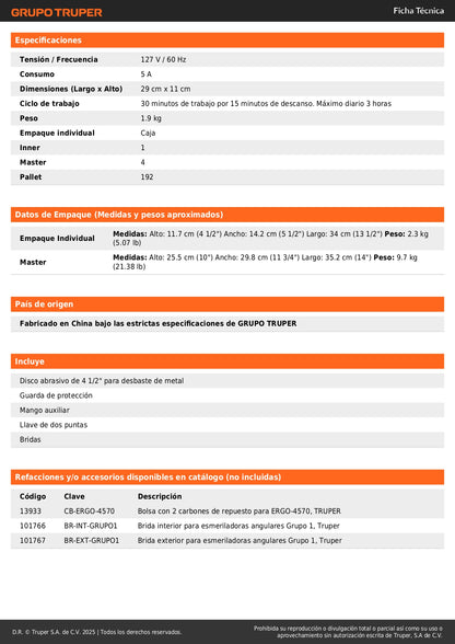 Esmeriladora Angular 4-1/2" 750W TRUPER ERGO PRO ERGO-4570 - Motor Balero Bolas Mango Ajustable
