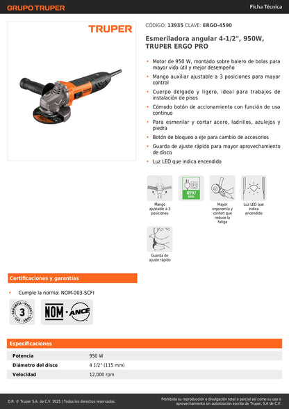 Esmeriladora Angular 4-1/2" 950W TRUPER ERGO PRO ERGO-4590 - Motor Balero Bolas Mango Ajustable
