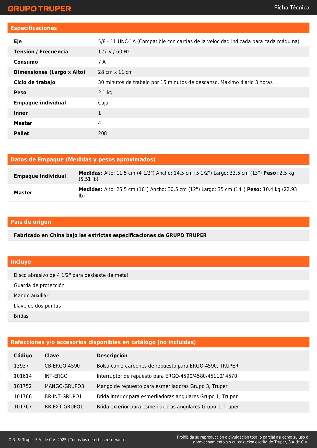 Esmeriladora Angular 4-1/2" 950W TRUPER ERGO PRO ERGO-4590 - Motor Balero Bolas Mango Ajustable