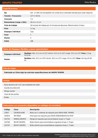 Esmeriladora Angular 4-1/2" 950W TRUPER ERGO PRO ERGO-4590 - Motor Balero Bolas Mango Ajustable