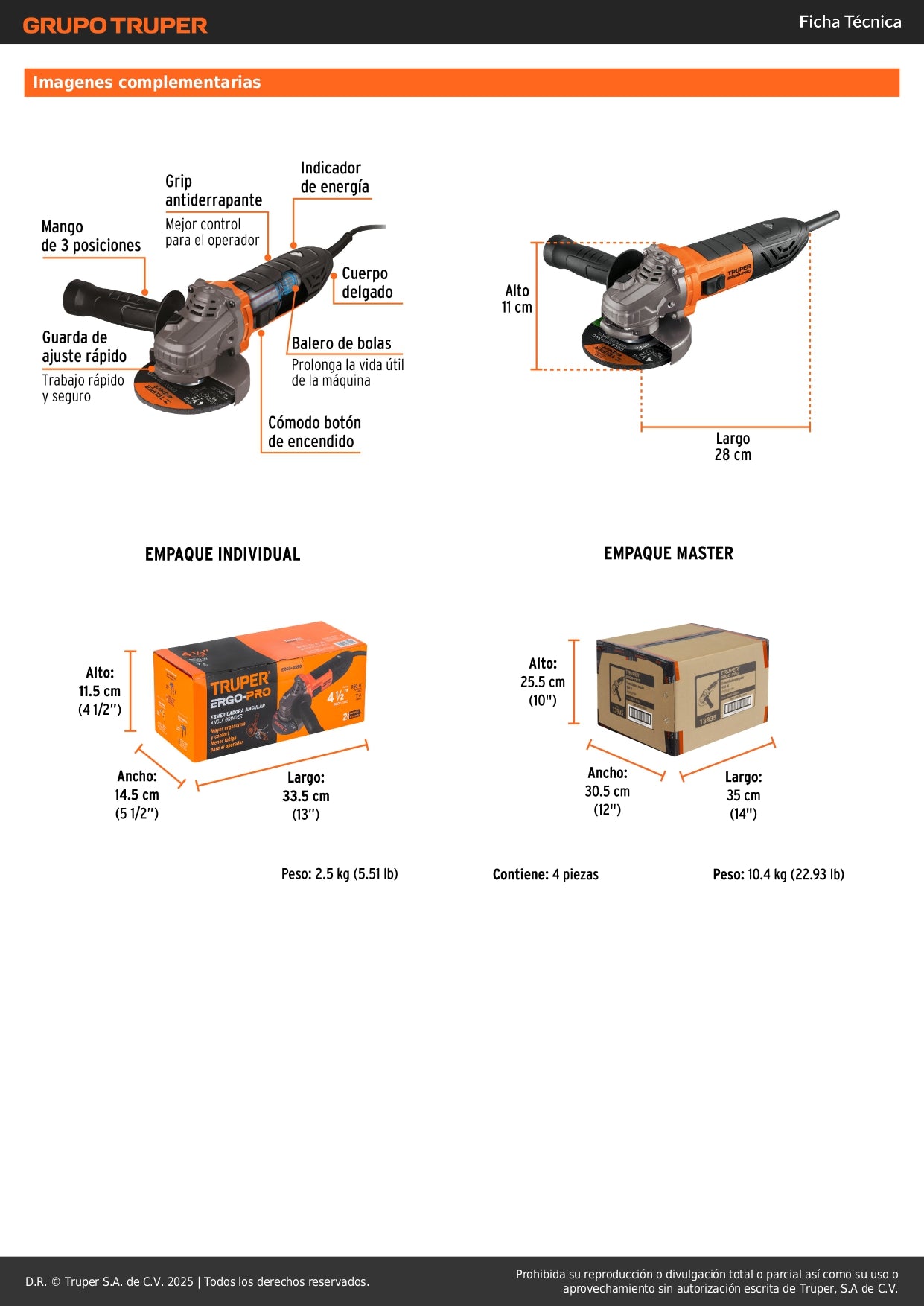 Esmeriladora Angular 4-1/2" 950W TRUPER ERGO PRO ERGO-4590 - Motor Balero Bolas Mango Ajustable