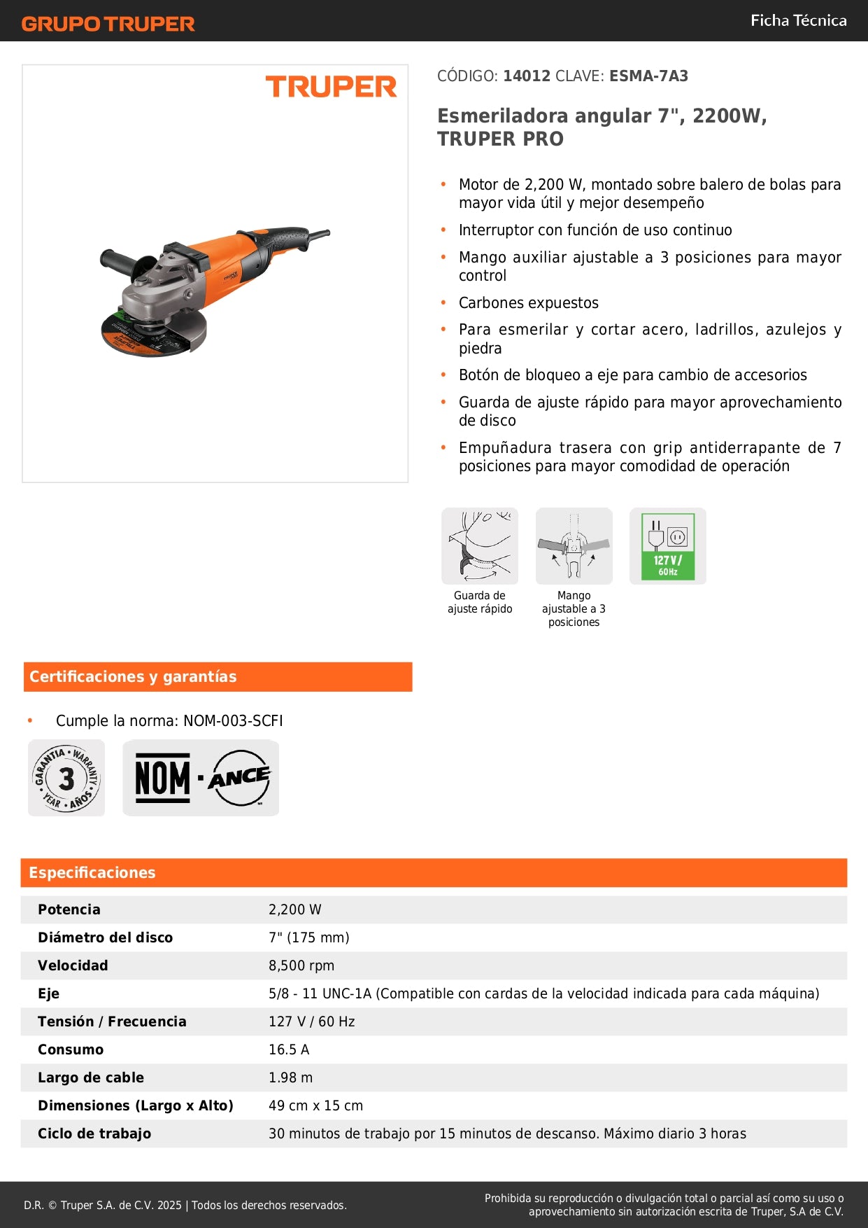 Esmeriladora Angular 7" TRUPER PRO 2200W - Herramienta Industrial para Cortar y Esmerilar Acero, Ladrillo, Azulejo y Piedra - Motor Profesional con Baleros de Bolas y Mango Antiderrapante - Solución Completa para Trabajos de Construcción y Metalurgia