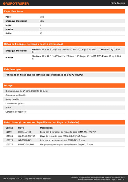 Esmeriladora Angular 7" TRUPER PRO 2200W - Herramienta Industrial para Cortar y Esmerilar Acero, Ladrillo, Azulejo y Piedra - Motor Profesional con Baleros de Bolas y Mango Antiderrapante - Solución Completa para Trabajos de Construcción y Metalurgia