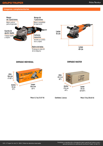 Esmeriladora Angular 7" TRUPER PRO 2200W - Herramienta Industrial para Cortar y Esmerilar Acero, Ladrillo, Azulejo y Piedra - Motor Profesional con Baleros de Bolas y Mango Antiderrapante - Solución Completa para Trabajos de Construcción y Metalurgia