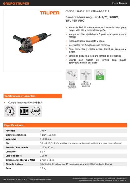Esmeriladora Angular 4-1/2" 700W TRUPER PRO ESMA-4-1/2A12 - Corta y Esmerilar Acero, Ladrillo, Azulejo - Motor Balero Bolas, Mango Ajustable 3 Posiciones