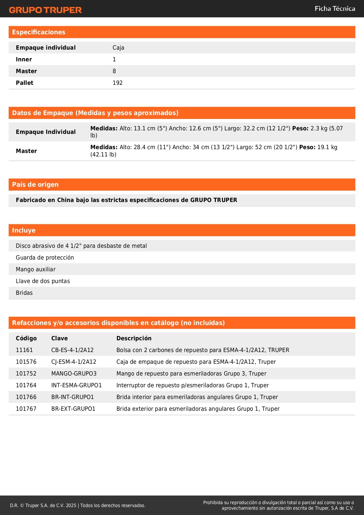 Esmeriladora Angular 4-1/2" 700W TRUPER PRO ESMA-4-1/2A12 - Corta y Esmerilar Acero, Ladrillo, Azulejo - Motor Balero Bolas, Mango Ajustable 3 Posiciones