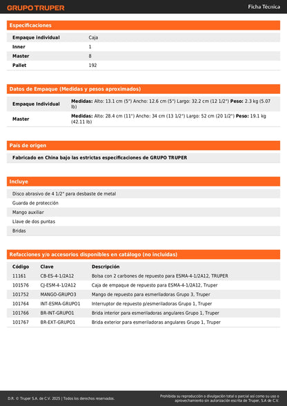 Esmeriladora Angular 4-1/2" 700W TRUPER PRO ESMA-4-1/2A12 - Corta y Esmerilar Acero, Ladrillo, Azulejo - Motor Balero Bolas, Mango Ajustable 3 Posiciones