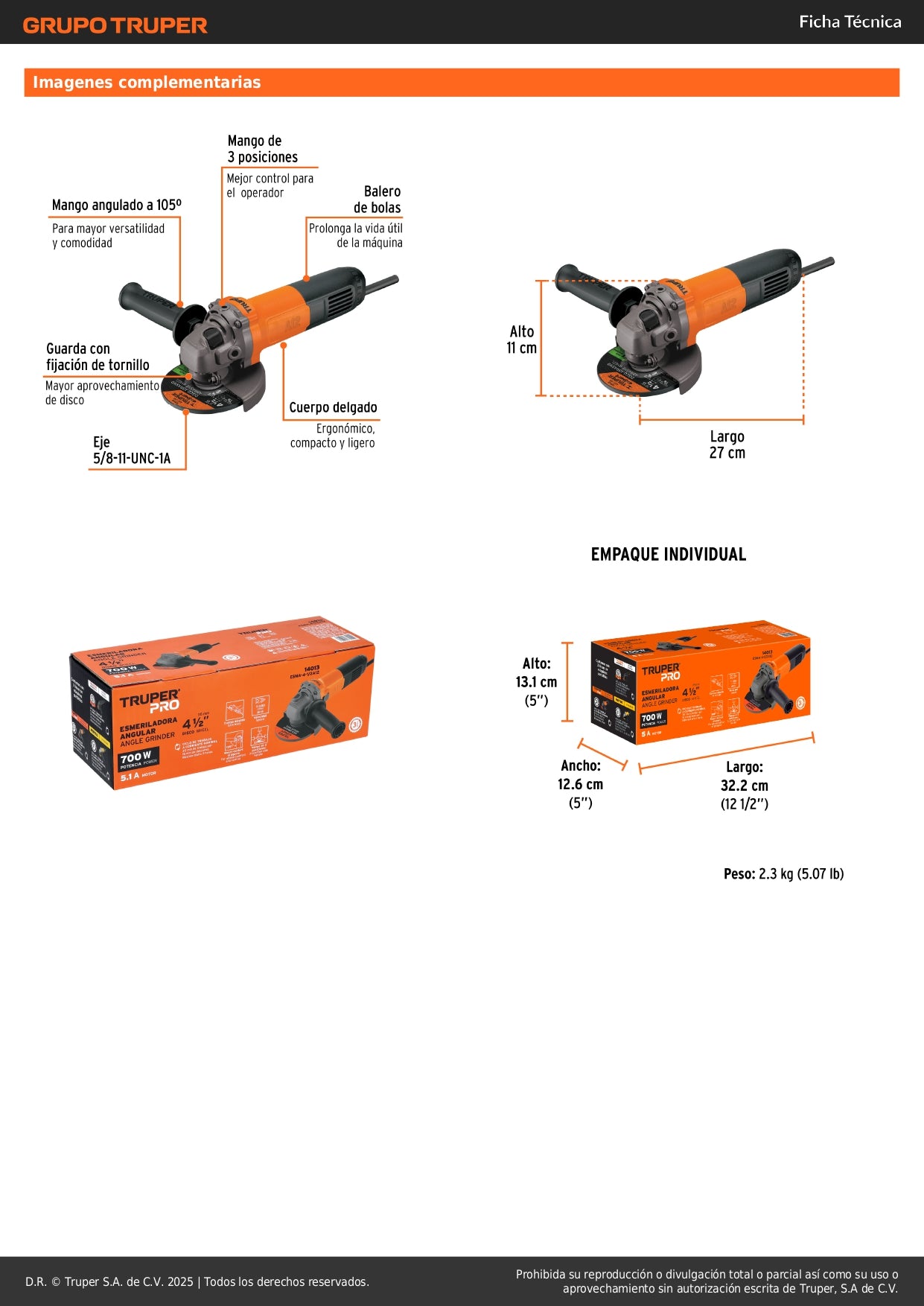 Esmeriladora Angular 4-1/2" 700W TRUPER PRO ESMA-4-1/2A12 - Corta y Esmerilar Acero, Ladrillo, Azulejo - Motor Balero Bolas, Mango Ajustable 3 Posiciones