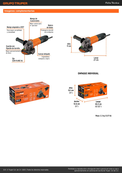 Esmeriladora Angular 4-1/2" 700W TRUPER PRO ESMA-4-1/2A12 - Corta y Esmerilar Acero, Ladrillo, Azulejo - Motor Balero Bolas, Mango Ajustable 3 Posiciones