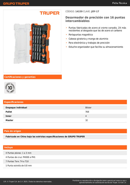 Desarmador de Precisión JOY-17 con 16 Puntas Intercambiables - Kit Profesional Magnético para Electrónica y Reparaciones de Alta Precisión