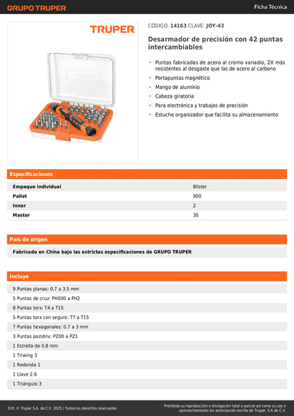 Desarmador de Precisión JOY-43 con 42 Puntas Intercambiables - Kit Profesional para Electrónica y Reparaciones de Precisión