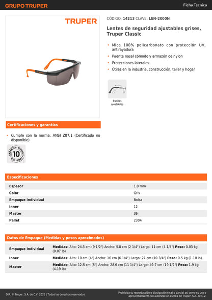 Lentes de Seguridad Truper Classic LEN-2000N - Protección UV Policarbonato Antirayadura para Industria y Construcción