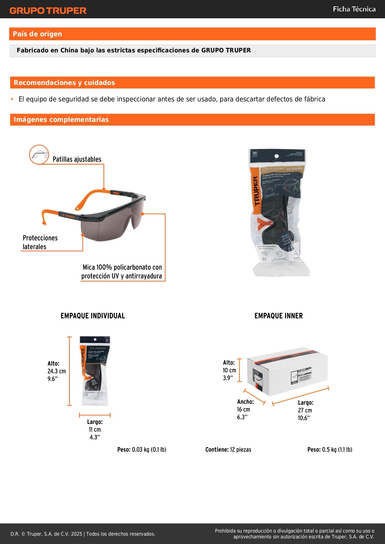 Lentes de Seguridad Truper Classic LEN-2000N - Protección UV Policarbonato Antirayadura para Industria y Construcción