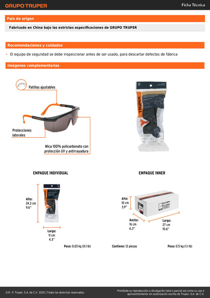 Lentes de Seguridad Truper Classic LEN-2000N - Protección UV Policarbonato Antirayadura para Industria y Construcción