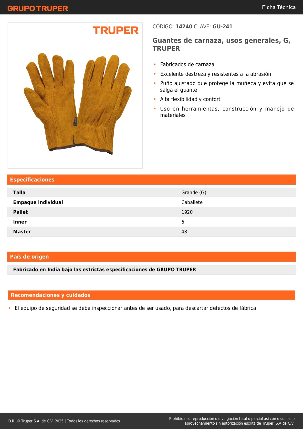 Guantes de Carnaza TRUPER GU-241 - Protección Industrial Resistente Abrasión para Construcción y Manejo Materiales
