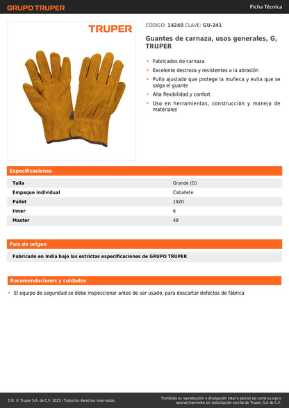 Guantes de Carnaza TRUPER GU-241 - Protección Industrial Resistente Abrasión para Construcción y Manejo Materiales