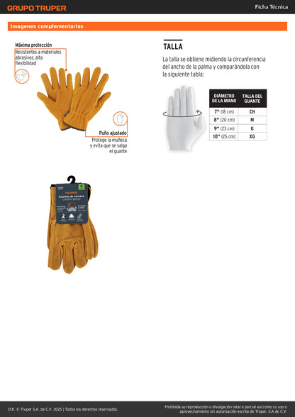 Guantes de Carnaza TRUPER GU-241 - Protección Industrial Resistente Abrasión para Construcción y Manejo Materiales